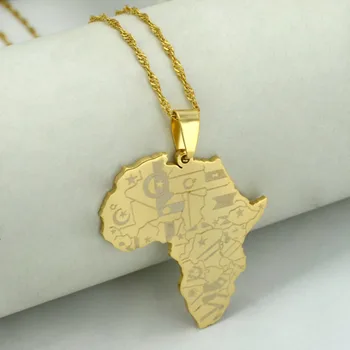 Anniyo Gold Color Africa Map With Flag Pendant & Thin Chain Колиета Африкански Карта Бижута Нов 2017 #011321