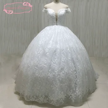 SuperKimJo дантела апликация сватбена рокля Boho с рамо параклис влак Принцеса сватбена бална рокля във Vestido De Новия