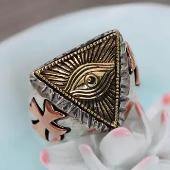 Реколта 925 сребро мъжки бижута Египет Фараон Бог на очите мъжки пръстен колоездач мистична триъгълник на едро