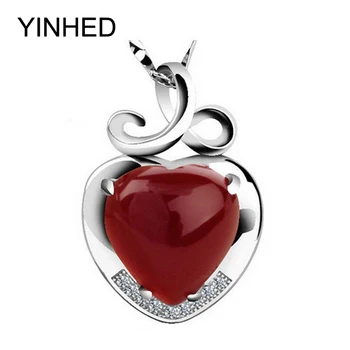 YINHED 925 сребро колие бижута естествен червен кристал сърцето висулка колие за жени ZN063