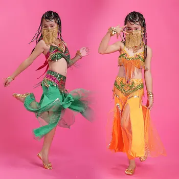 Момичета танц на корема 3шт комплект зелено / оранжево (сутиен + панталон+колан) на децата на добър професионален мъниста пискюл индийски / Египет танцови костюми