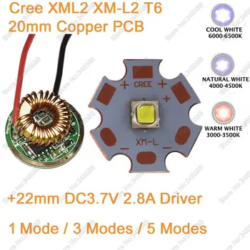 CREE XML2 XM-L2 T6 10W Cool White неутрален бял топъл бял High Power LED Emitter Чип 20mm Copper PCB + 12V Input 22мм Driver