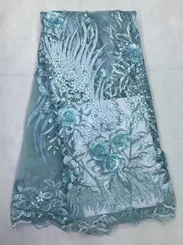 3D цвете лейси плат благороден син на френски текстилен шнур високо качество нигерийски тюл с формован камък Африканска pure Дамски дрехи 5 ярда/лот