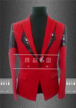 2016 червен мъжки яке blazer на горно облекло Мъжко облекло певица и танцьорка перфорация на булката рокля на бала нощ dj ds party show bar нощен клуб