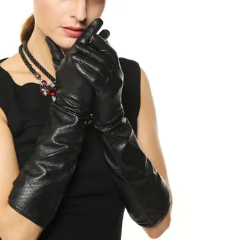 Мода черен 45 см дължина естествена кожа твърди ръкавици дишащи дамски зимни Лакът овча кожа ръкавици за шофиране горещи продажба L081NN