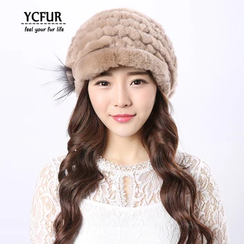 YCFUR Модерни дамски шапки шапки есен зима плета истински Заек Рекс кожа шапки с сребърни лисици ръка кожа цвете шапка Шапчица дамски