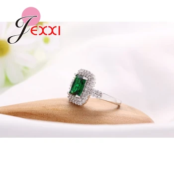 JEXXI очарователни жени самоличността на годежни пръстени горещи продажба зелен кристал квадратна кройка 925 сребро пръстен за Дамата пръст