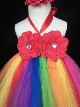 Момичета дъгова пакетче Baby Flower Long Tutu Dress деца пушистое тюлевое рокля топка рокля с лента за глава набор от детски костюм и вечерна рокля