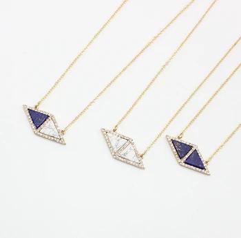 2016 нов crystal бижута триъгълник висулка колие жени диамант бял син камък дълъг прост колие