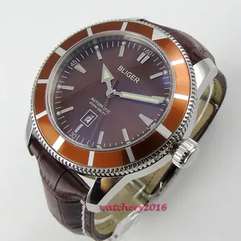 2018 Най-добрата марка на луксозни горещи стилове 46 мм Bliger кафяв циферблат дата корпус от неръждаема стомана светлинен ръчно автоматично механичен мъжки часовник