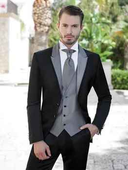 2018 треска на ревера на младоженеца мъжете сватба парти костюми бизнес 3 бр. черни официални мъжки пушенето masculino костюм сака + панталони+жилетка