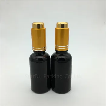 Безплатна доставка 200шт 50 мл черен матиран стъклен флакон етерично масло със златен алуминиев пръстен капкомер, 50cc стъклен флакон парфюм