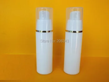 Бяла пластмасова безвоздушная бутилка от 30 мл със златна линия и прозрачен капак за козметични опаковки серум/лосион/емулсия/тонален крем