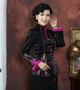 Гореща разпродажба Черна дама коприна полиестер палто китайски стил топ тънък Тан костюм е националното цвете на дрехи размер S M L XL XXL XXXL NJ160