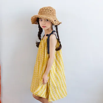 DFXD тийнейджъри момичета лятна рокля 2018 Мода прекрасно дете жълт принт без ръкави, свободни плажни рокли детски костюми Vestido 3-14Y