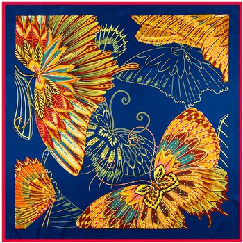 [POBING]100 см*100 см Плат с коприна жени коприна квадратен ръчно рисуване paint пеперуда печат копринен шал женски високо качество на ретро марка Шал