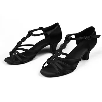 Размер 34-41 момичета дами сатен латиноамерикански танцови обувки бална зала танго танци, обувки за жени 5 см ток Салса обувки Browm черен