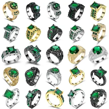 Високо качество на черно злато, сребро изпълнен с цвят пръстен сватбена мода бижута зелен 5A Циркон Кристал пръстени за жени, подарък размер на 7