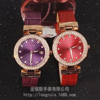 Нова мода жените календар часовник, Лейди планински кристал, луксозни дамски часовник кварцов часовник естествена кожа каишка за часовник GUOU 8123