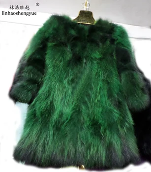 Linhaoshengyue LONG 75cm енотовый кожа дълго палто, черен и зелен