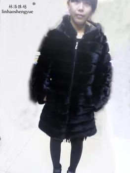 Linhaoshengyue 90 см широка норковая палто с качулка