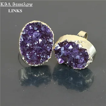 Високо качество лилаво Crystal друзы камък пръстен, Пръстен, кварцов скъпоценен камък женски пръстен Чар бижута