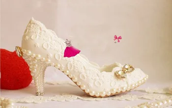 Луксозни официални обувки на висок ток 8 см, блестящи перлени диамантени бели сватбени обувки са ръчно изработени дантелени сватбени обувки перлени обувки