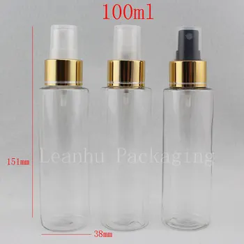 Много 50 бр. празен прозрачен парфюм спрей бутилка 100 мл прозрачна пластмасова бутилка със златен алуминиев мъгла спрей помпа, контейнер