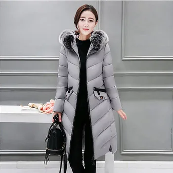 2018 нова мода зимни якета и палта пуховик с качулка памук кожа яка дълга козина дамски топла горна дреха плюс размер