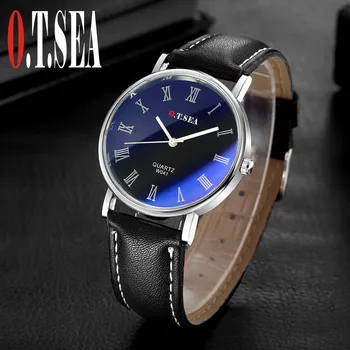 Високо качество на O. T. SEA марка римски цифри син лъч стъкло, изкуствена кожа часовник мъжки Спортни кварцов ръчен часовник W041