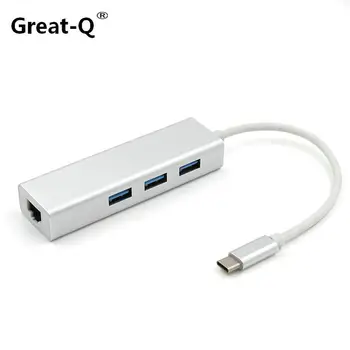 Great-Q Aluminum USB 3.1 Type C to 3 USB 3.0 Hub with RJ-45 100/1000 Gigabit Ethernet Network Adapter LAN Wired Кабел Конвертор