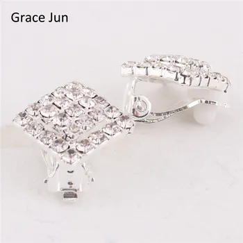 Грейс Джун (TM) с двойна квадратен кристал клип на обеци, пиърсинг за жени Чар бижута Сватба обеци не е нужно дупка за уши