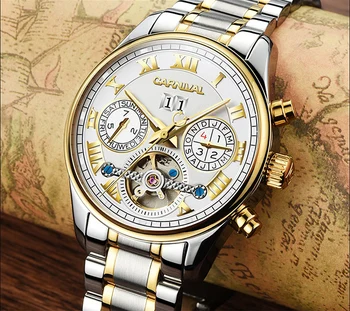Луксозни фантазия часовници с турбийоном мъжете сребро неръждаема стомана водоустойчив машина от дата ръчен часовник relogio masculine