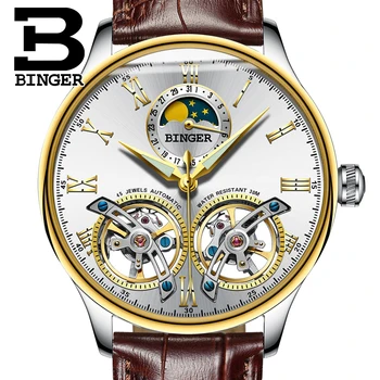 Истински лукс BINGER Brand Men Self-wind Водоустойчив Пълен стомана автоматичен механичен мъжки модерен лек два турбийона часовници