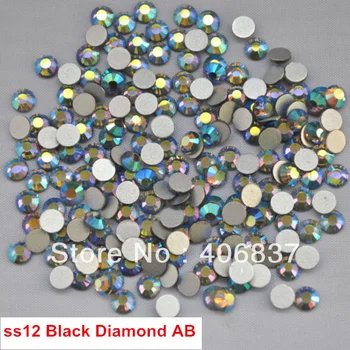 Безплатна Доставка! 1440 бр. / лот, ss12 (3.0-3.2 mm) черен диамант AB-плоска задната част на нокти с лепило върху не коригиране на кристали