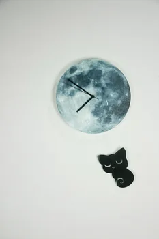 Funlife (TM) Glow in the Dark Moon Wall Clock, 30см 12in New Black Cat Kitten on Moon Pendulum Night Glowing Clock for Kids Room