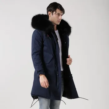 2018 нова черна естествена кожа яка с качулка мъжки парк сгъсти топли кожа подплата зимно палто дълги мъжки якета голям размер S-4XL палто