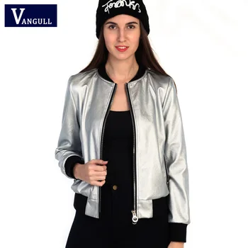 Vangull изкуствена кожа 2017 дамско яке металик сребро късо палто мода тънък дамски якета, палта есен-зима облекло якета