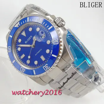 Нов 40 мм Bliger син циферблат сапфир кристал луминесцентна дата регулиране на луминесцентни стрелки мъжки автоматично механични ръчни часовници