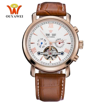 Top Brand OYW Fashion механични часовници мъжки ръчен часовник водоустойчив дата, Ден на дисплея мъжки часовници човек Кожена каишка аналогов Relogios