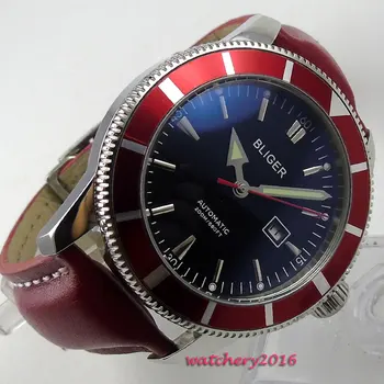 46 мм Bliger черен циферблат дата на СС Case Red Leather 2018 Top brand Luxury Hot styles лек ръчен и автоматичен механичен мъжки часовник