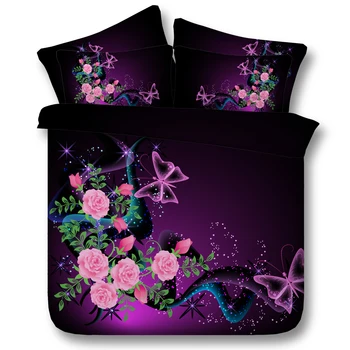 3D лилаво цвете комплект постелки розата е цветето на одеяло пухени завивки, спално бельо чаршаф Cal King Queen size twin Butterfly 4 бр.