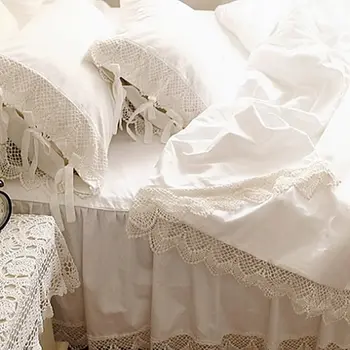 Топ романтичен комплект постелки елегантен европейски широк бял сатен, пухени Плетене на една кука дантелено покривки памук сватбени легла bedskirt