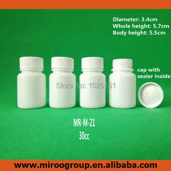 100 + 2pcs 30ml 30 ° 30cc широк устата HDPE Бял фармацевтичен празна пластмасова бутилка за хапчета пластмасови контейнери за лекарства с капак и уплътнение