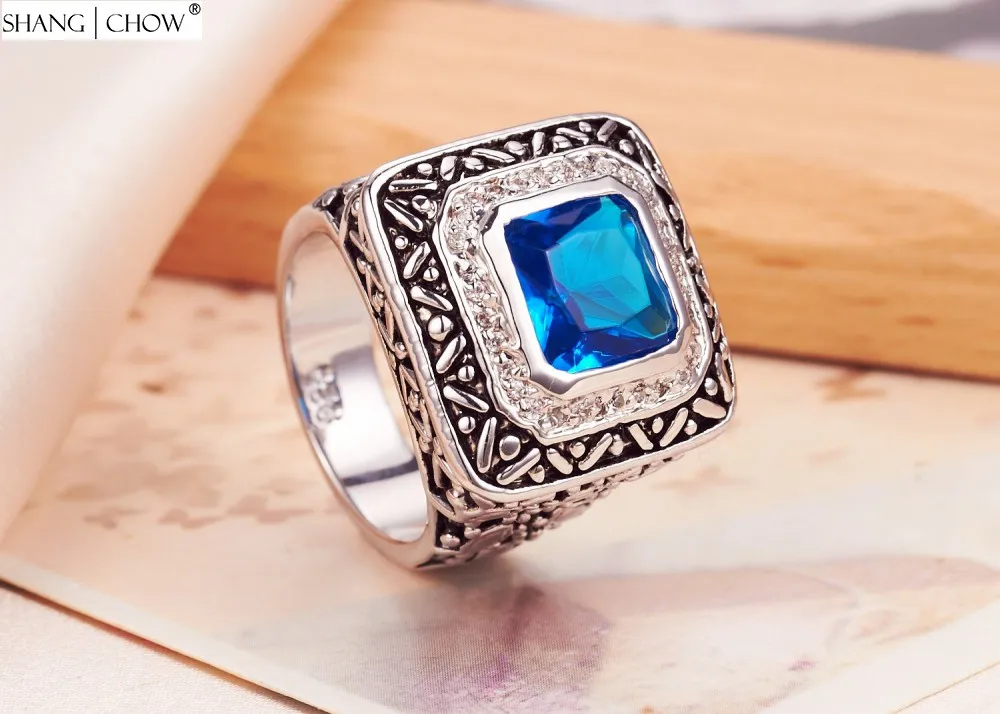 2017 Vintage Charm Jewelry Crystal Blue Stone 925 сребро пръстен за мъже вечерни аксесоари r1281