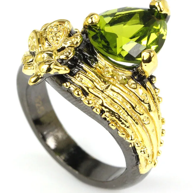 7.75# Vintage Black Gold 925 Silver Ring Water Drop Green Peridot Woman's 22x16mm