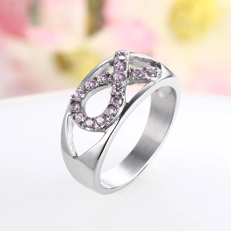 Ladies Stainless Steel Pink Crystal Breast Cancer Awareness Ribbon-Ring for Woman Club Party Анел Bague US Size 6-8