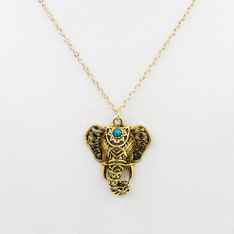 Miss JQ Бохемска Style Antique Silver Ethnic Long Necklace Blue Stone Elephant Pendant колиета за жени collier femme