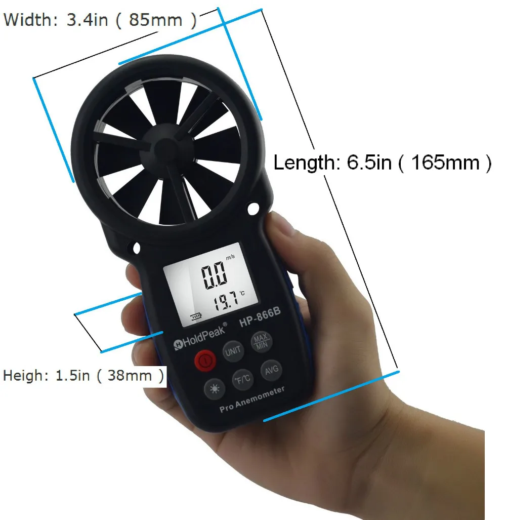 HoldPeak HP-866B Anemometro цифров анемометр измерване на скоростта на вятъра на предното устройство за ръчна работа с чанта за носене