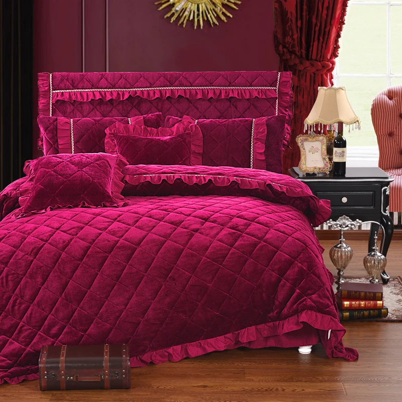 Нов прием на луксозна руното плат червен сив Волан 4/6 бр. топъл комплект постелки/пухени / легло пола / калъфка